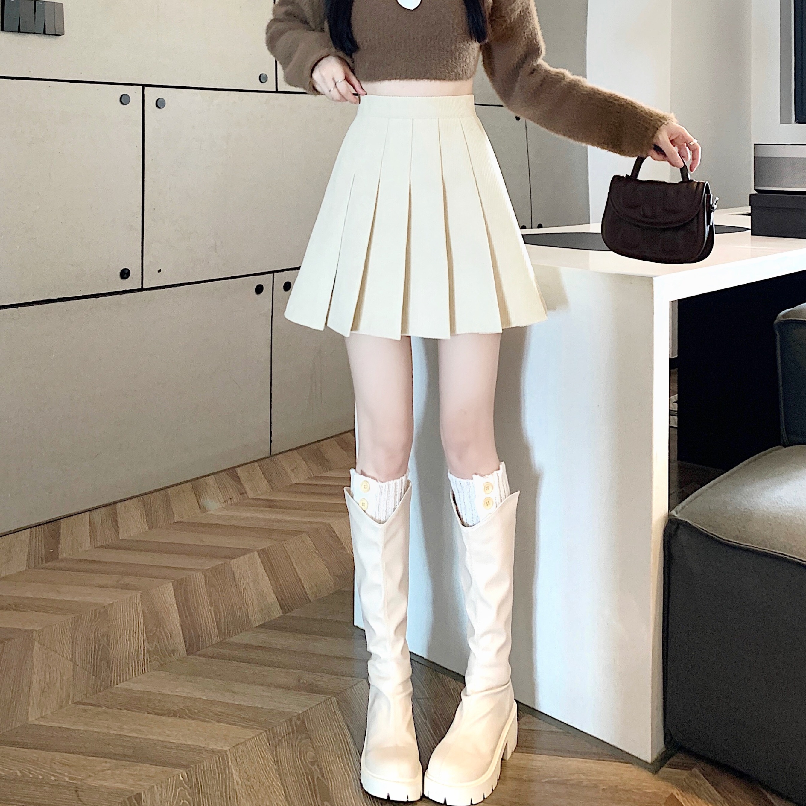 實拍~短裙女秋冬款百搭辣妹高腰燈芯絨A字半身裙百褶裙