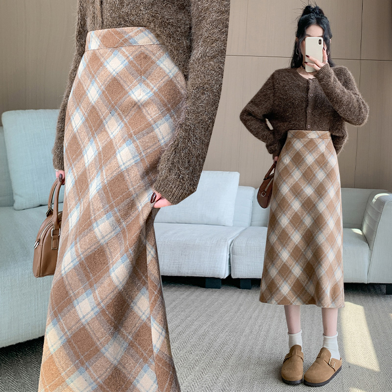 實拍冬季韓版加厚毛呢高腰長裙chi格子中長半身裙女