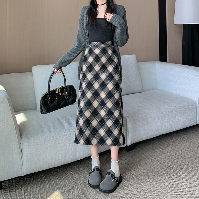 實拍冬季韓版加厚毛呢高腰長裙chi格子中長半身裙女