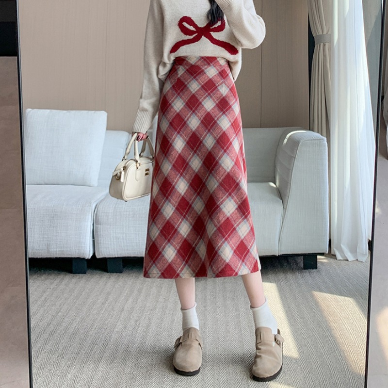 實拍冬季韓版加厚毛呢高腰長裙chi格子中長半身裙女