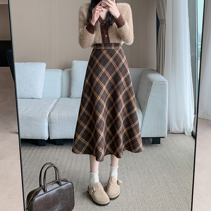 實拍已出貨冬季韓版加厚毛呢高腰長裙chi格子中長半身裙女