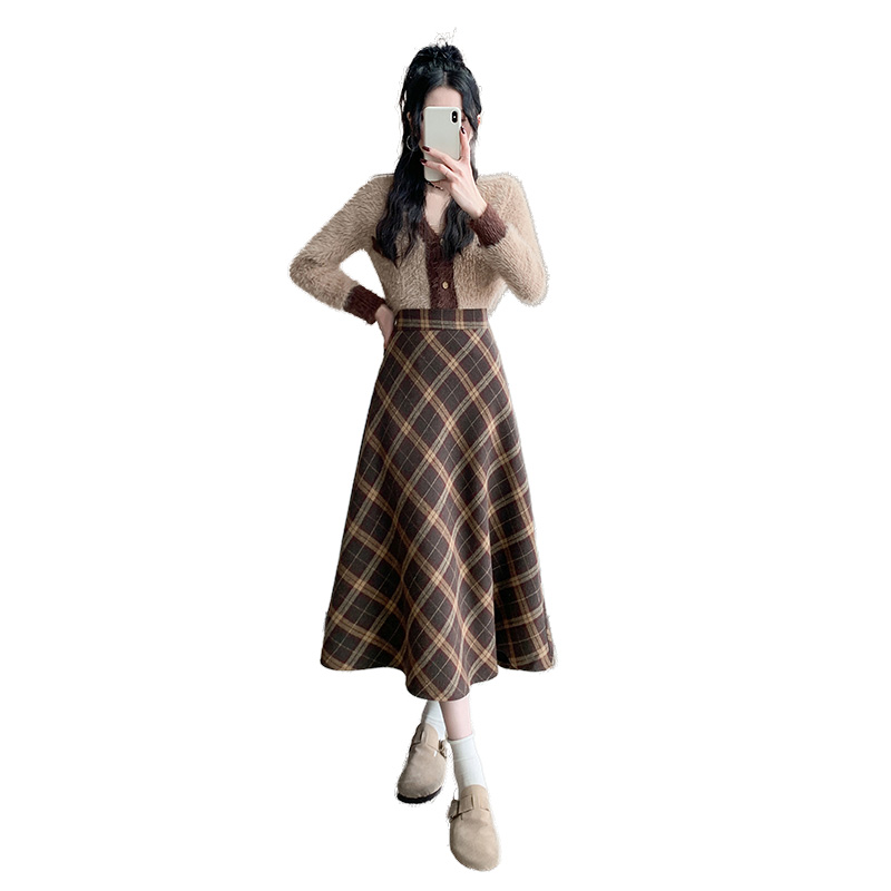 實拍已出貨冬季韓版加厚毛呢高腰長裙chi格子中長半身裙女