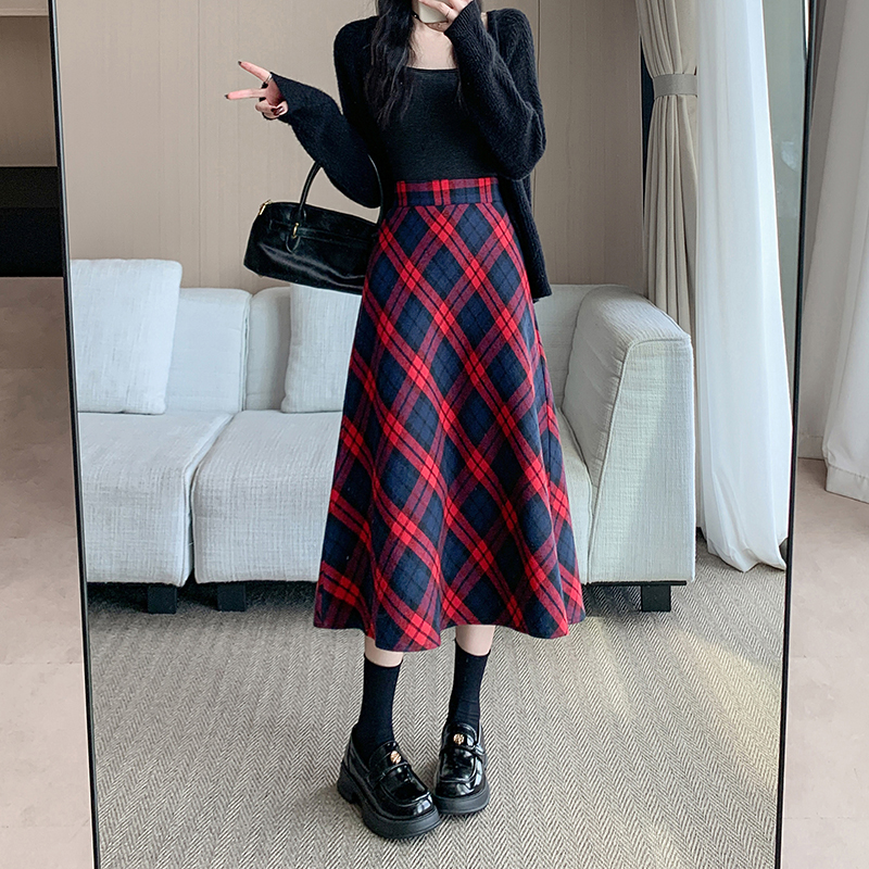 實拍已出貨冬季韓版加厚毛呢高腰長裙chi格子中長半身裙女