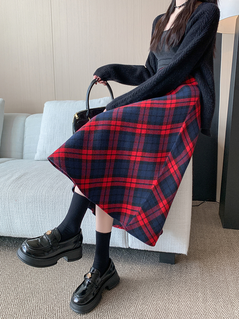 實拍已出貨冬季韓版加厚毛呢高腰長裙chi格子中長半身裙女