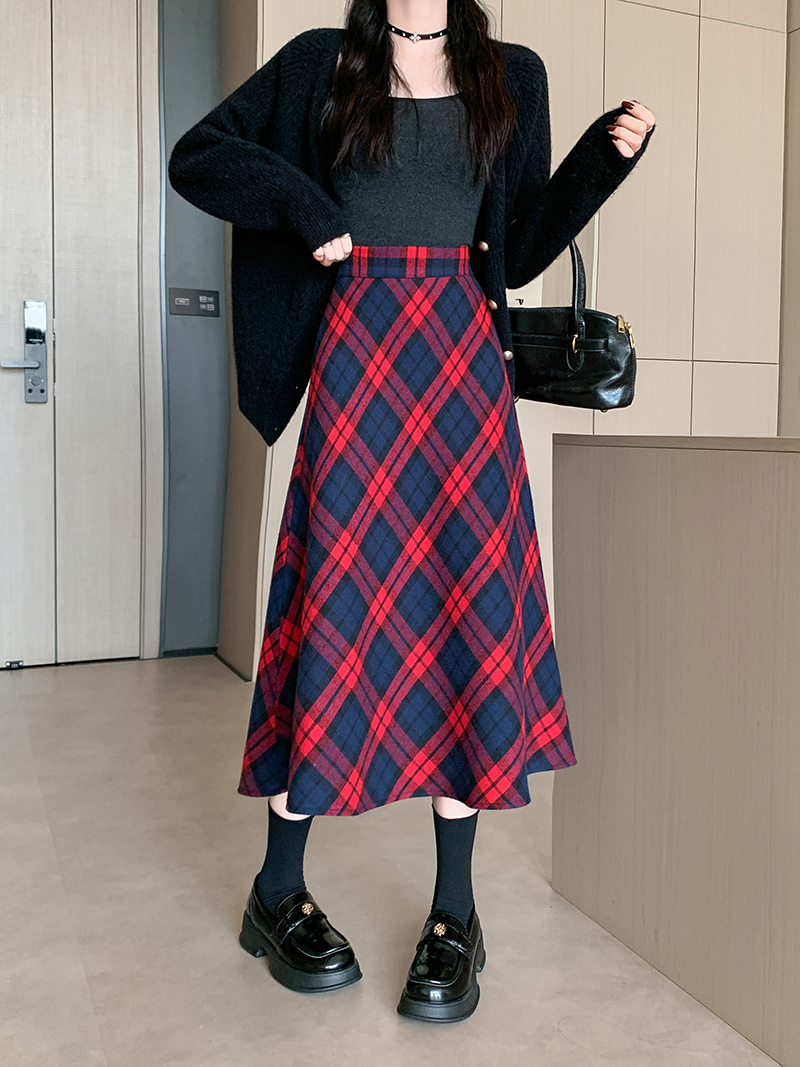 實拍已出貨冬季韓版加厚毛呢高腰長裙chi格子中長半身裙女