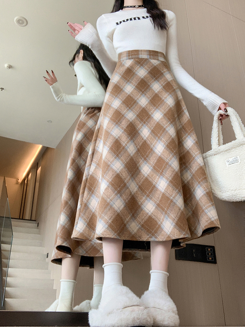 實拍已出貨冬季韓版加厚毛呢高腰長裙chi格子中長半身裙女