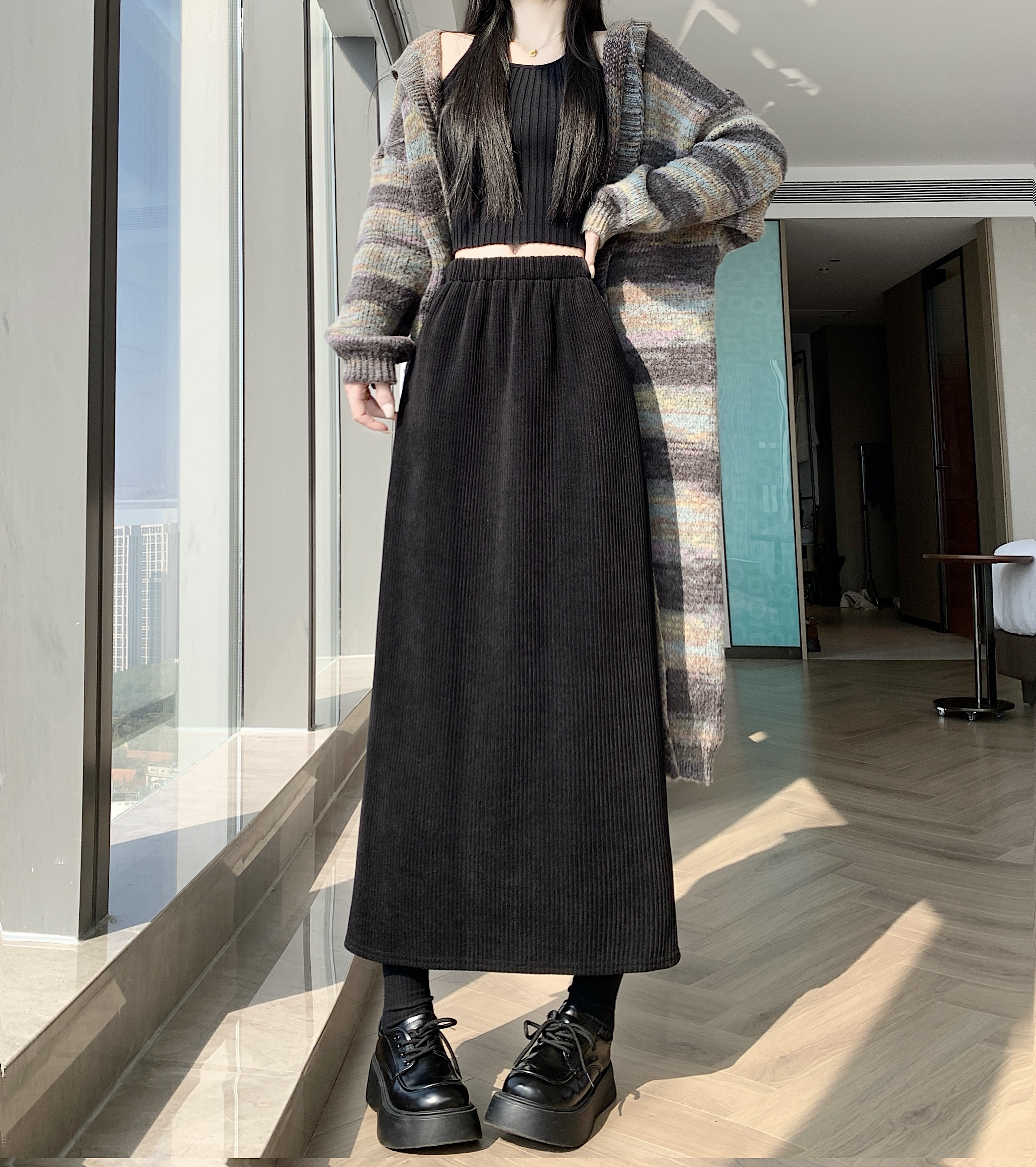 實拍~韓版燈芯絨加絨加厚高腰顯瘦松緊腰中長款垂感顯瘦直筒裙