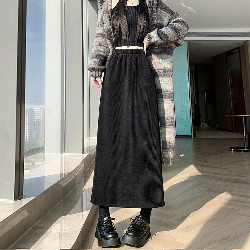 實拍~韓版燈芯絨加絨加厚高腰顯瘦松緊腰中長款垂感顯瘦直筒裙
