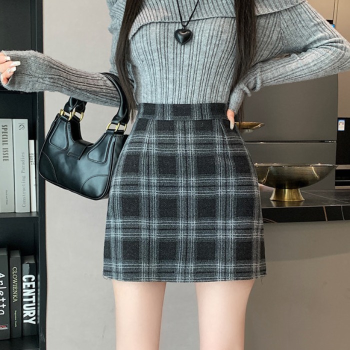 實拍新款冬季韓版加厚毛呢高腰格子長裙chi格子中長半身裙女