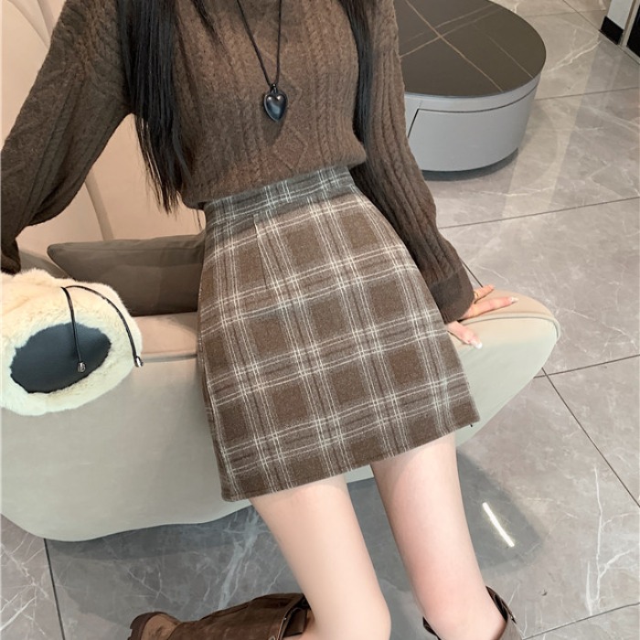 實拍新款冬季韓版加厚毛呢高腰格子長裙chi格子中長半身裙女