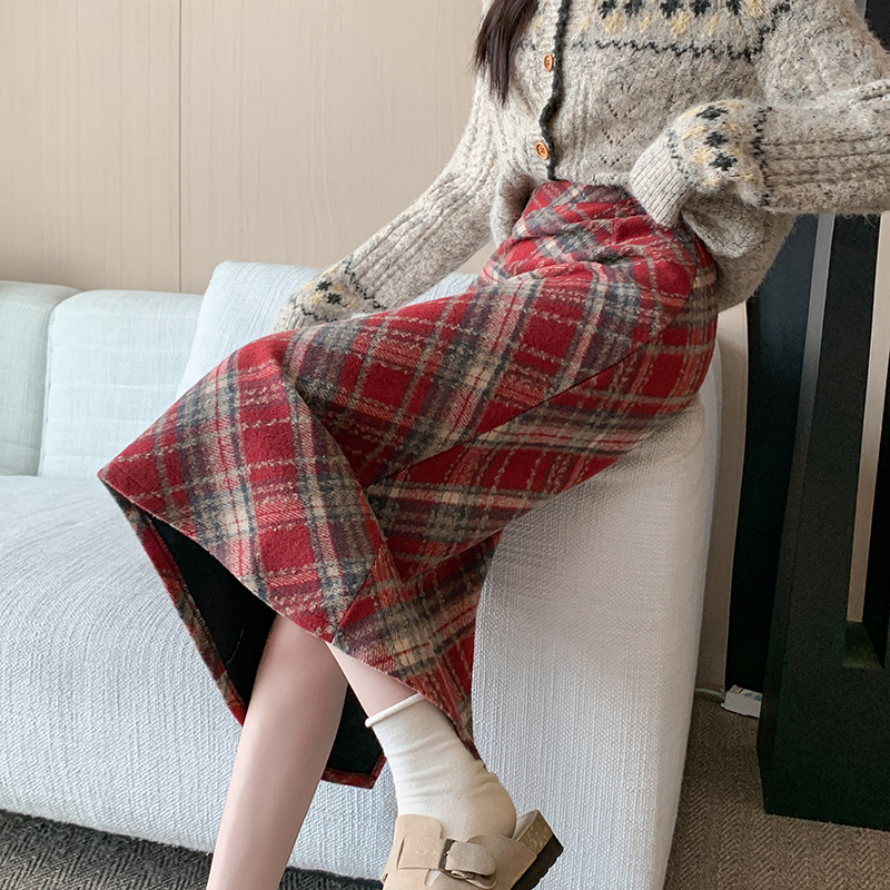 實拍秋冬季韓版毛呢高腰格子長裙chi格子中長半身裙女