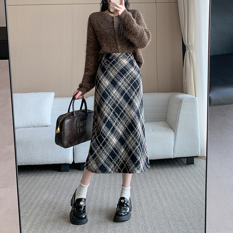 實拍秋冬季韓版毛呢高腰格子長裙chi格子中長半身裙女