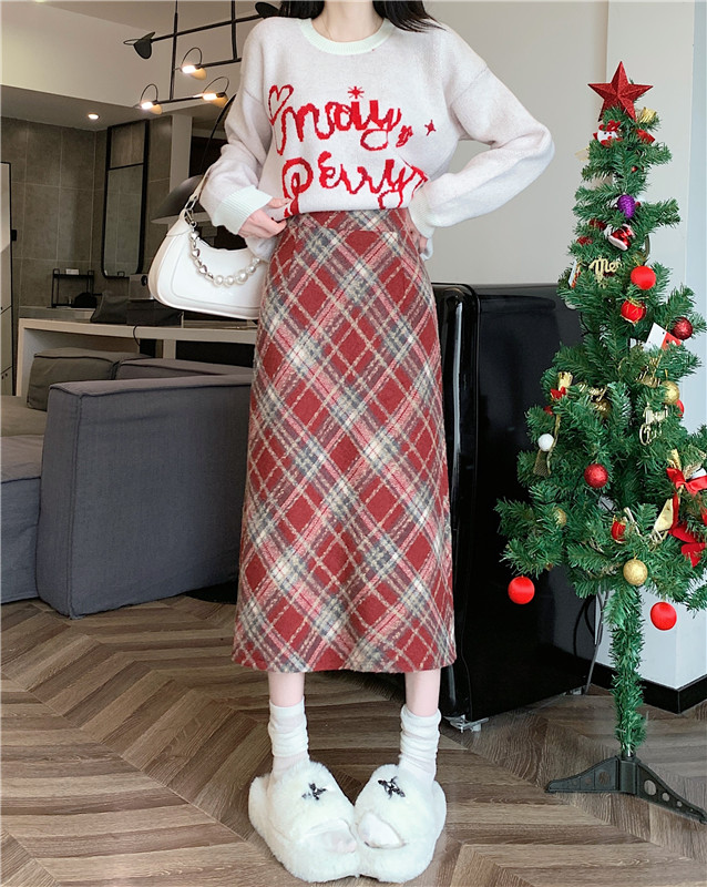 實拍秋冬季韓版毛呢復古格子高腰長裙chi格子中長半身裙女