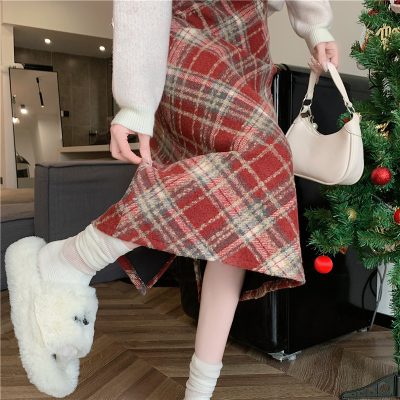 實拍秋冬季韓版毛呢復古格子高腰長裙chi格子中長半身裙女
