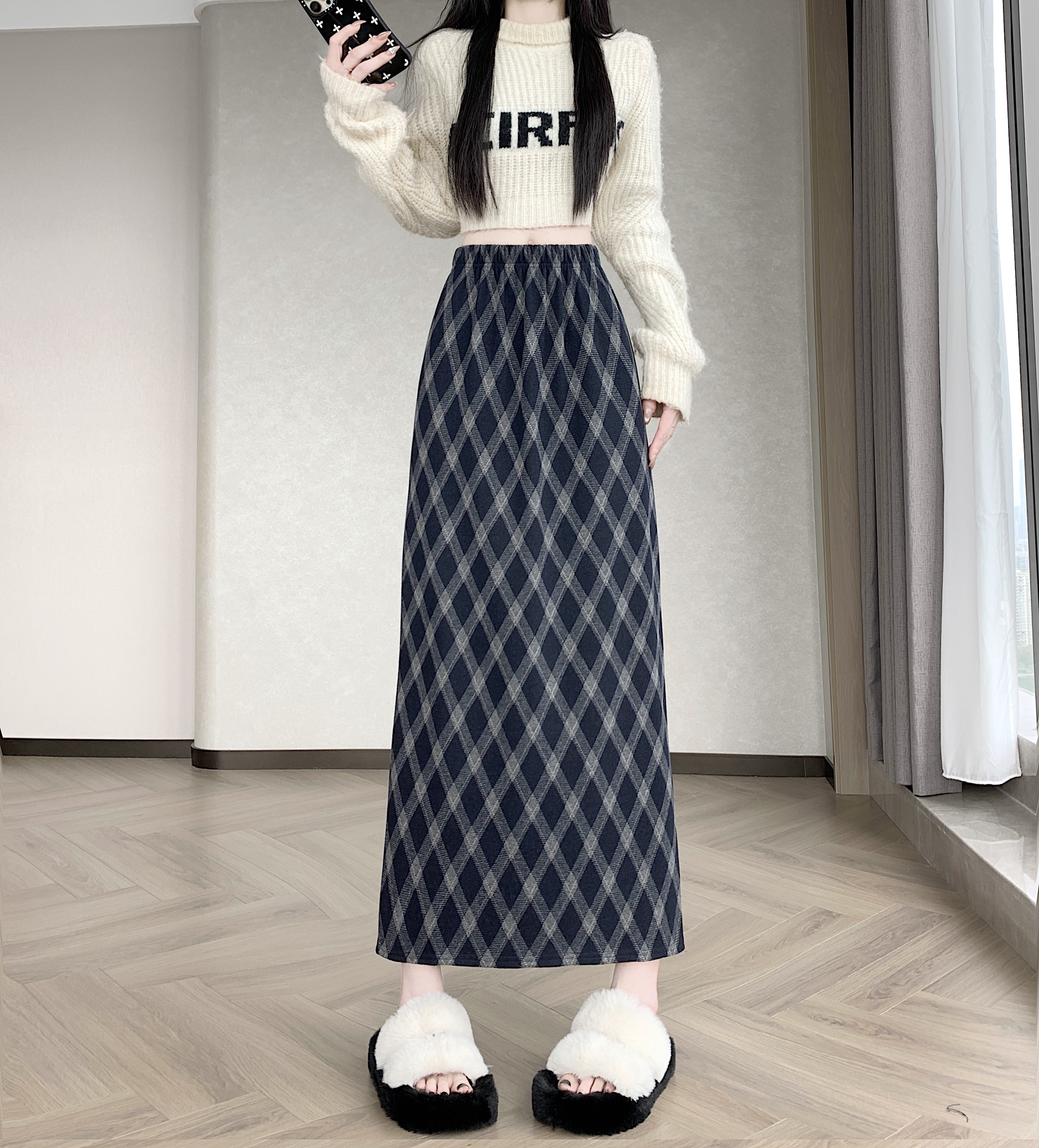實拍韓版復古格子加絨加厚高腰顯瘦松緊腰中長款垂感顯瘦直筒裙
