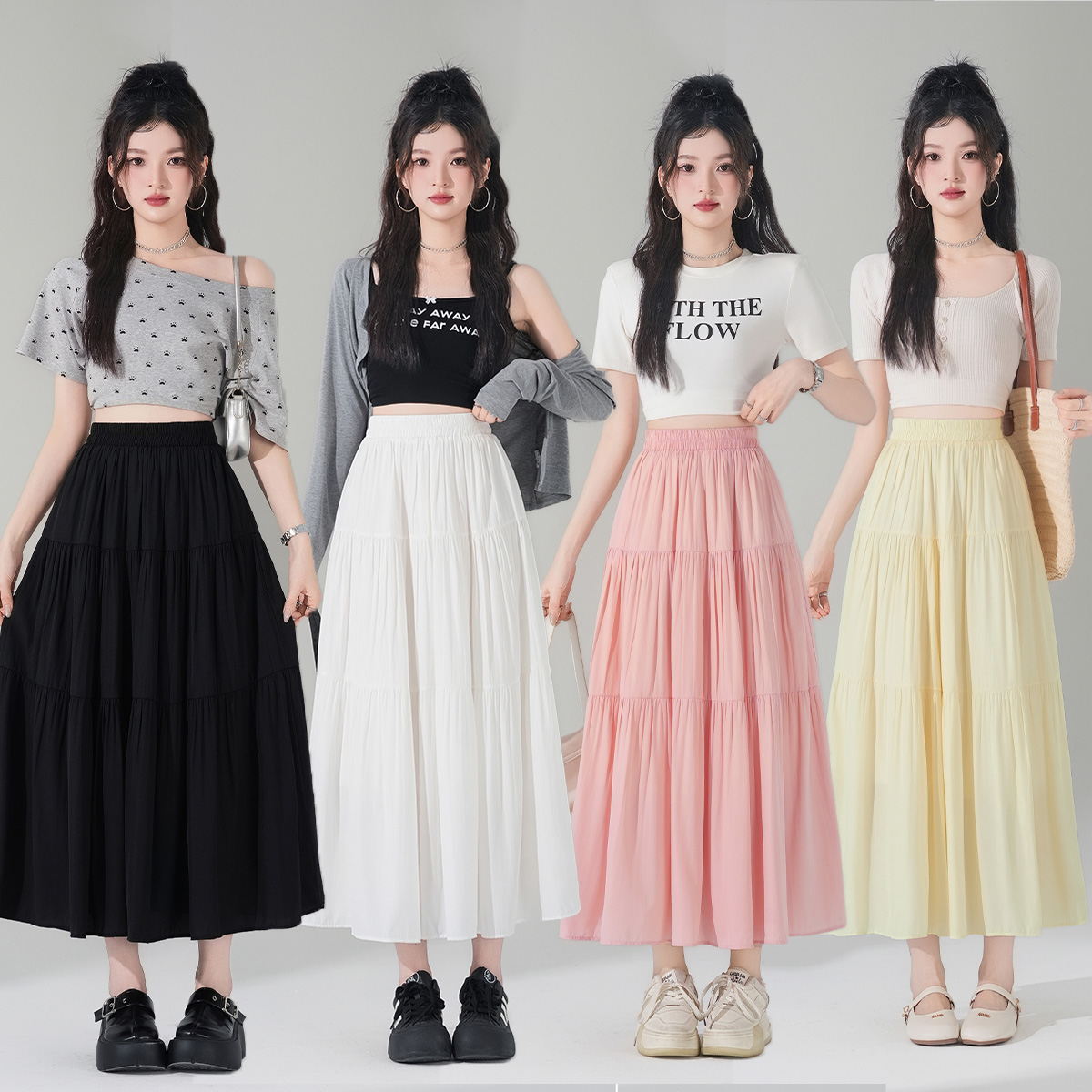 RY565# 实拍~半身裙女韩版a字裙高腰显瘦拼接蛋糕裙百搭中长款裙子