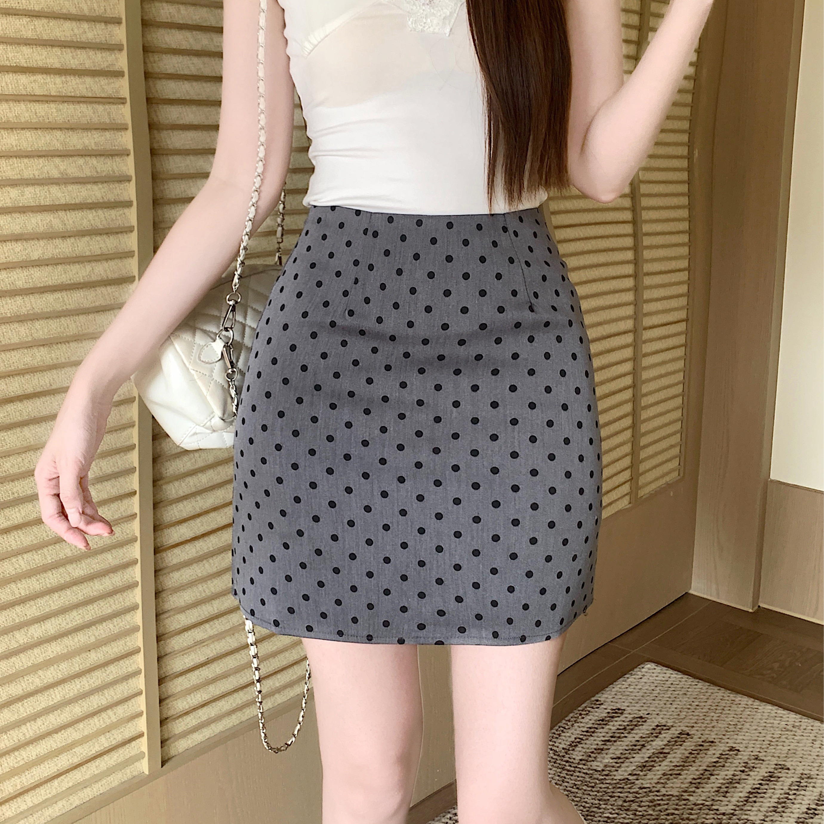 實拍韓版百搭波點點短裙春夏半身裙女高腰A字裙防走光短裙包臀裙
