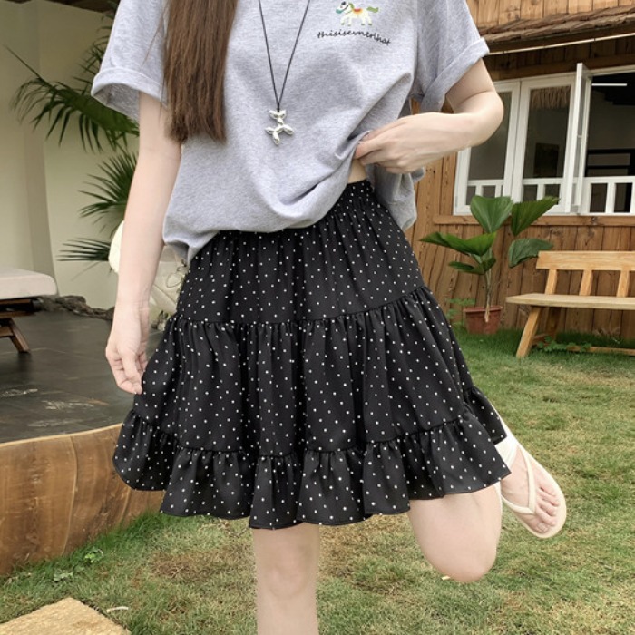 實拍夏季百搭蛋糕裙波點高腰顯瘦小個子荷葉邊A字半身裙