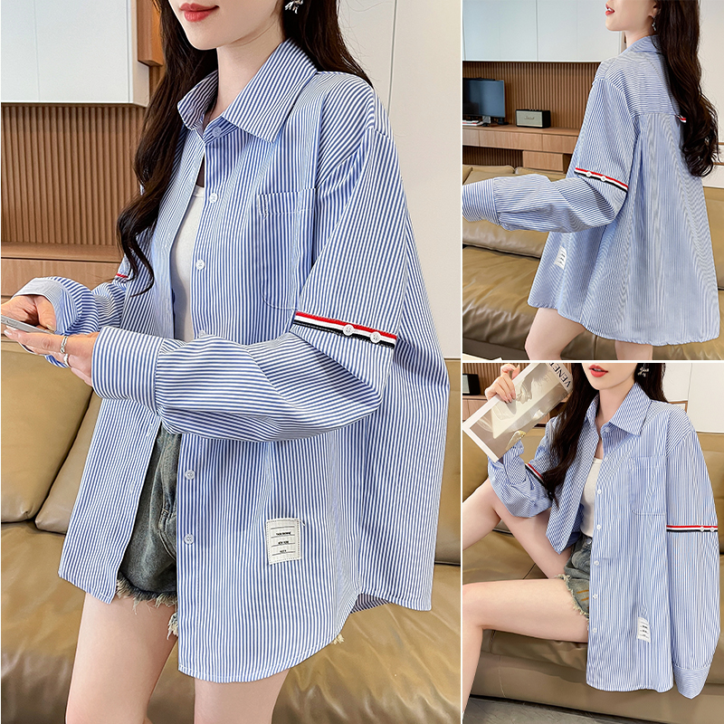RY3014# 实拍2026韩系条纹长袖衬衫女夏季薄款防晒宽松慵懒风通勤百...