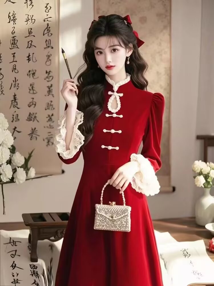 MY16347# 新款气质名媛高端女神范内搭长裙高级感新中式红色绒连衣裙女...