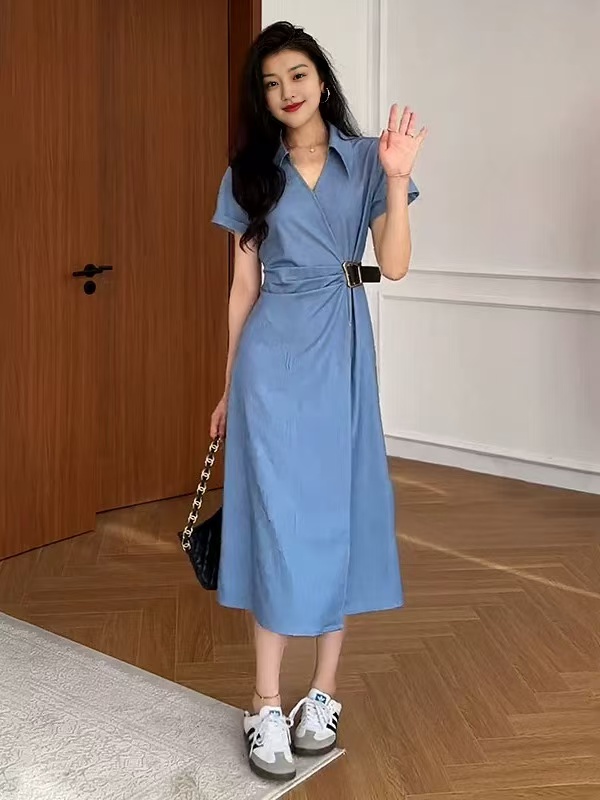 FA35267# 大码法式气质蓝色掐腰短袖连衣裙女夏季胖mm遮肚梨形身材显瘦裙子 服裝批發女裝批發服飾貨源