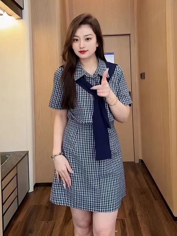 FA35266# 大码女装设计感减龄洋气披肩格子连衣裙夏季新款胖mm收腰显瘦裙子 服裝批發女裝批發服飾貨源