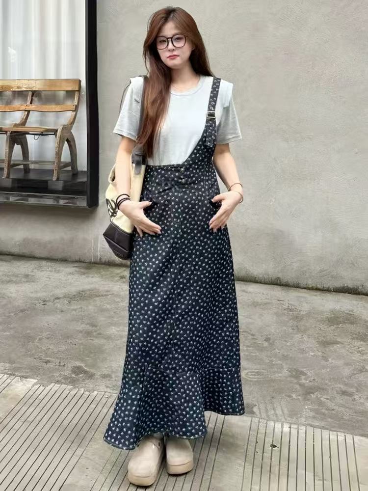FA35265# 大码女装圆领短袖碎花假两件连衣裙夏季新款胖mm巨显瘦垂感长裙子 服裝批發女裝批發服飾貨源