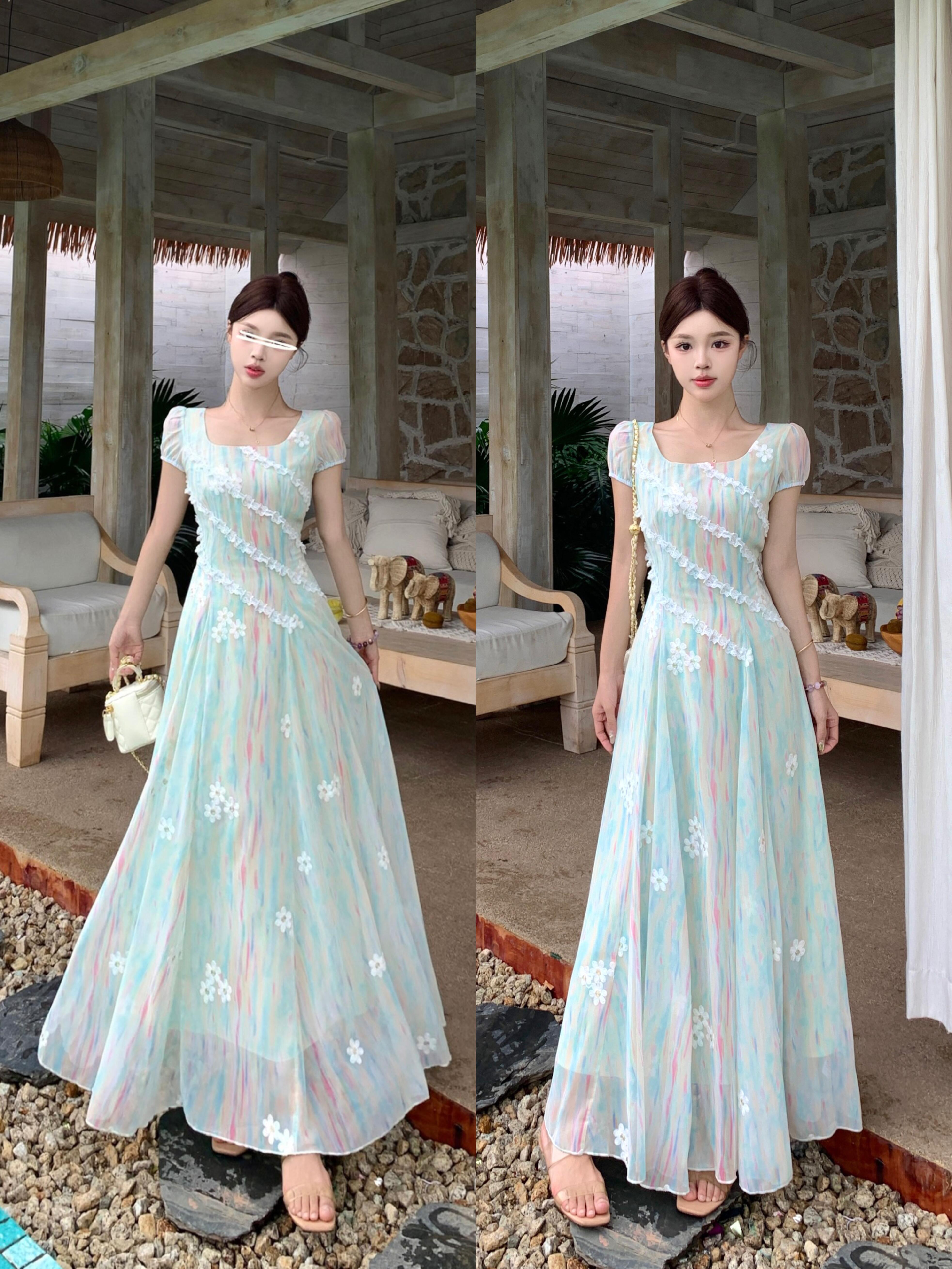 MY9433# 大码连衣裙女夏季法式气质甜美高腰显瘦碎花长裙女裝貨源服裝批...