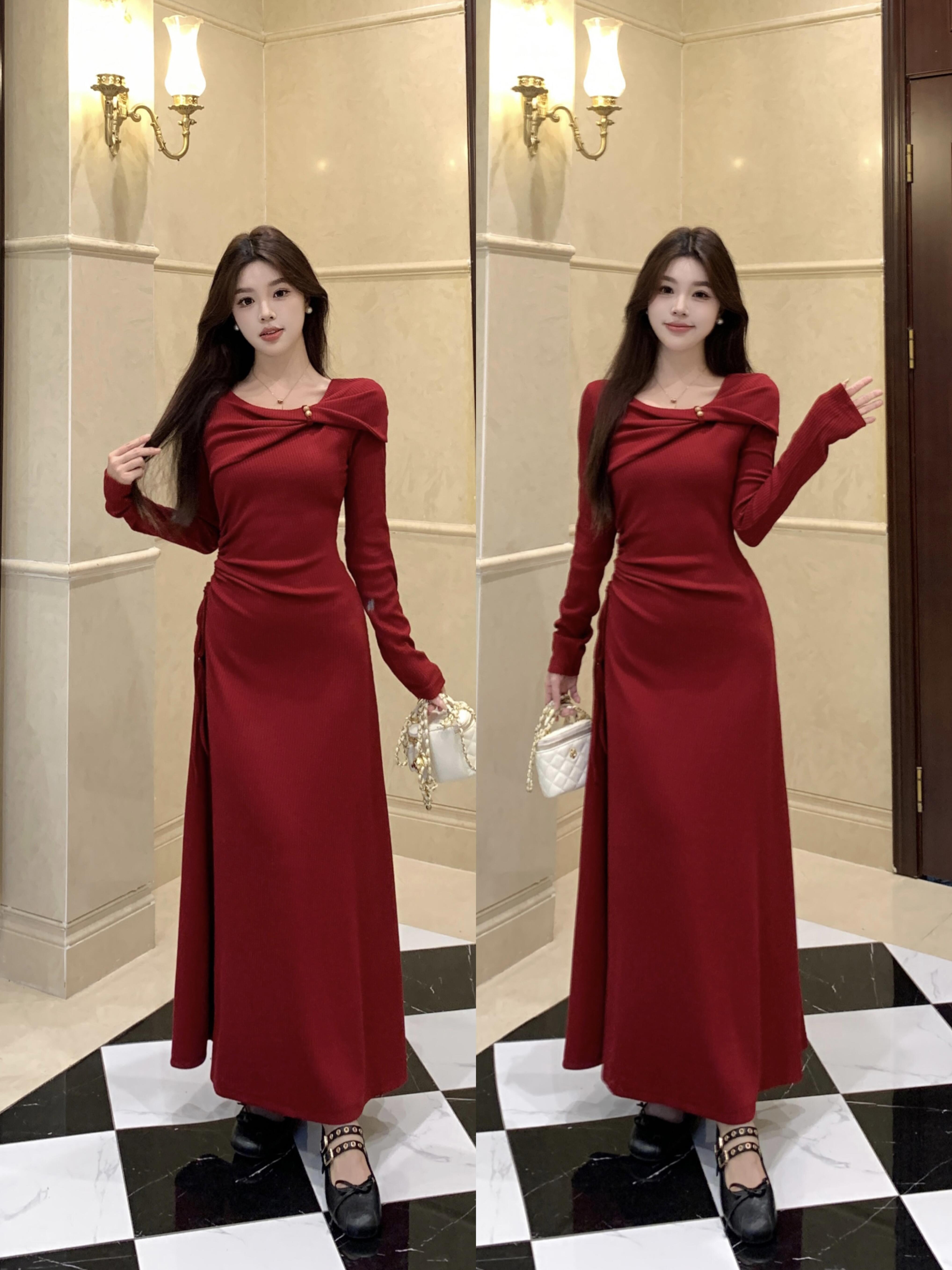 MY13710# 码法式高级感收腰红色敬酒服连衣裙秋冬显瘦气质新娘回门服女裝貨源服裝批發