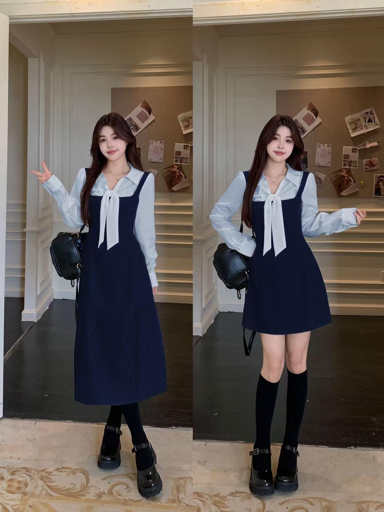 MY13709# 大码日漫少女韩系学院风减龄撞色拼接蝴蝶结收腰连衣裙女女裝貨源服裝批發