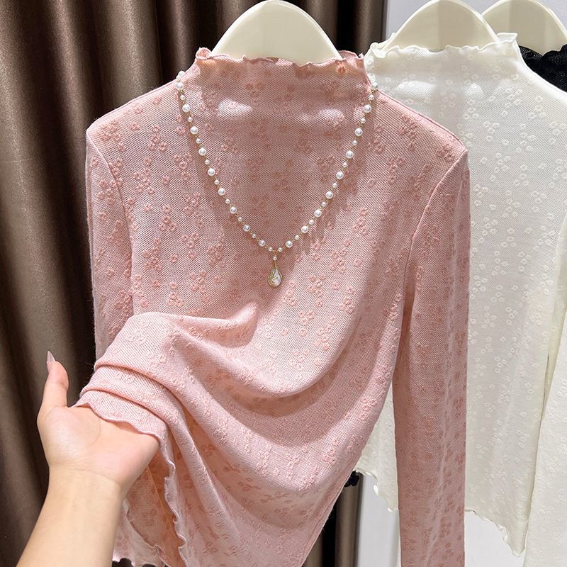 MY15551# 粉色提花蕾丝针织打底衫穿搭半高领木耳边长袖内搭上衣女裝貨...