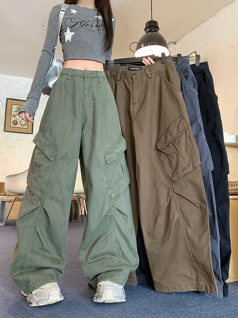 MY14601# 水洗全棉  美式宽松多口袋工装裤女阔腿hiphop爵士街...
