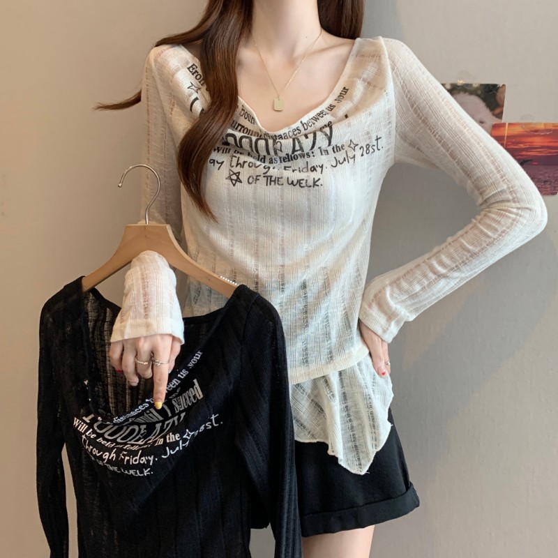 MY12253# 大码胖MM秋季新款荡领字母印花层次感不规则下摆上衣T恤女...