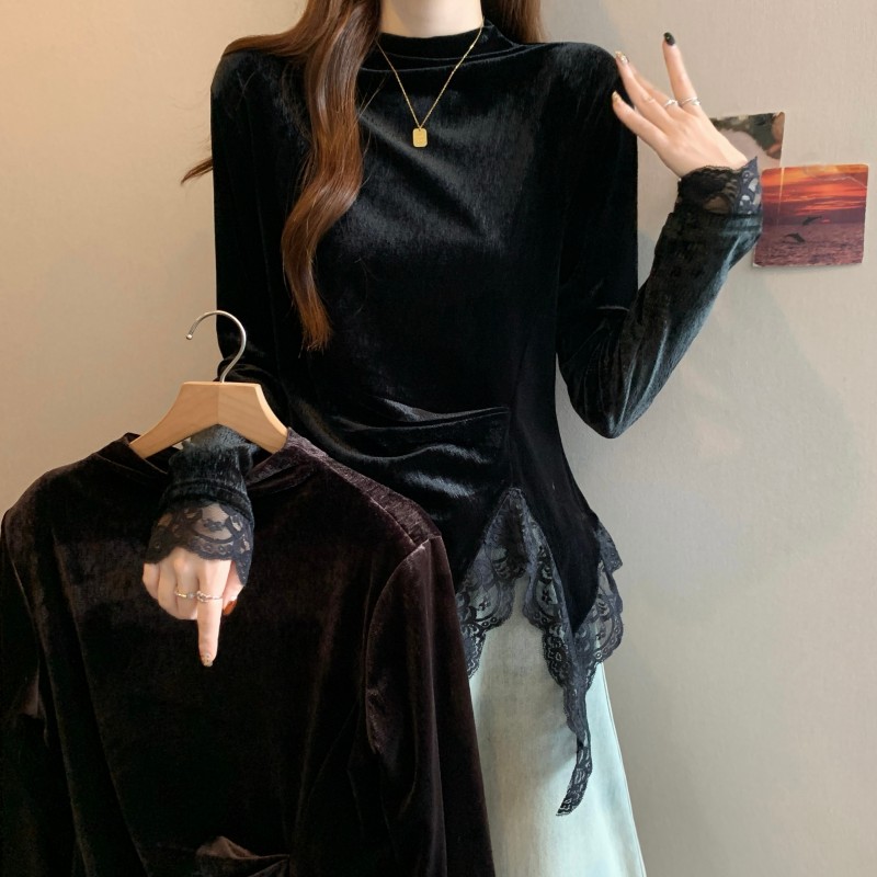 MY15757# 大码胖MM秋季新款蕾丝拼接不规则下摆正肩金丝绒长袖上衣女裝貨源服裝批發