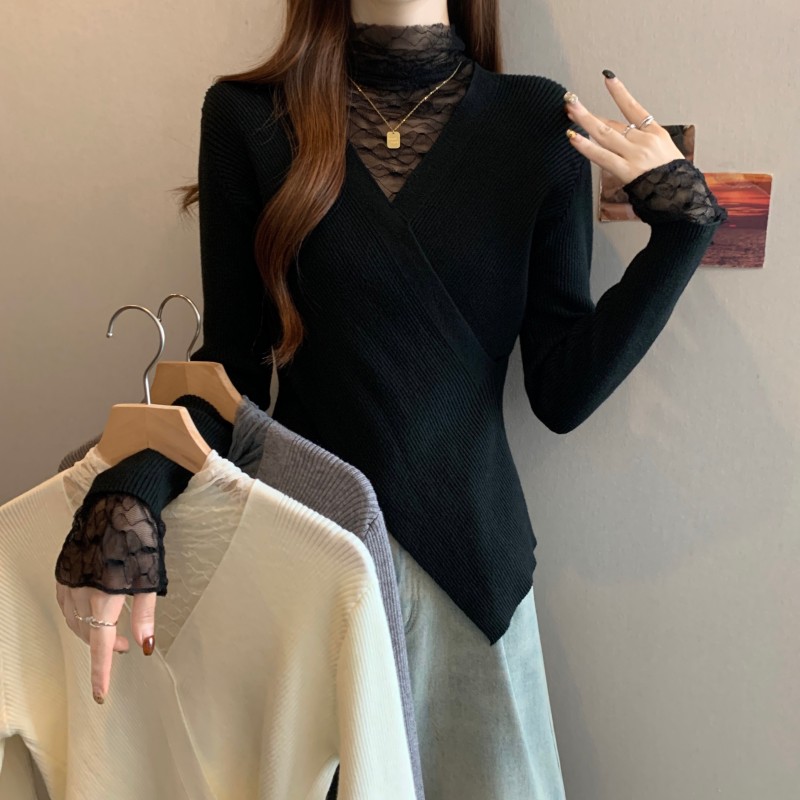 MY15758# 大码胖MM新款蕾丝V领交叉不对称下摆收腰套头长袖针织衫女裝貨源服裝批發
