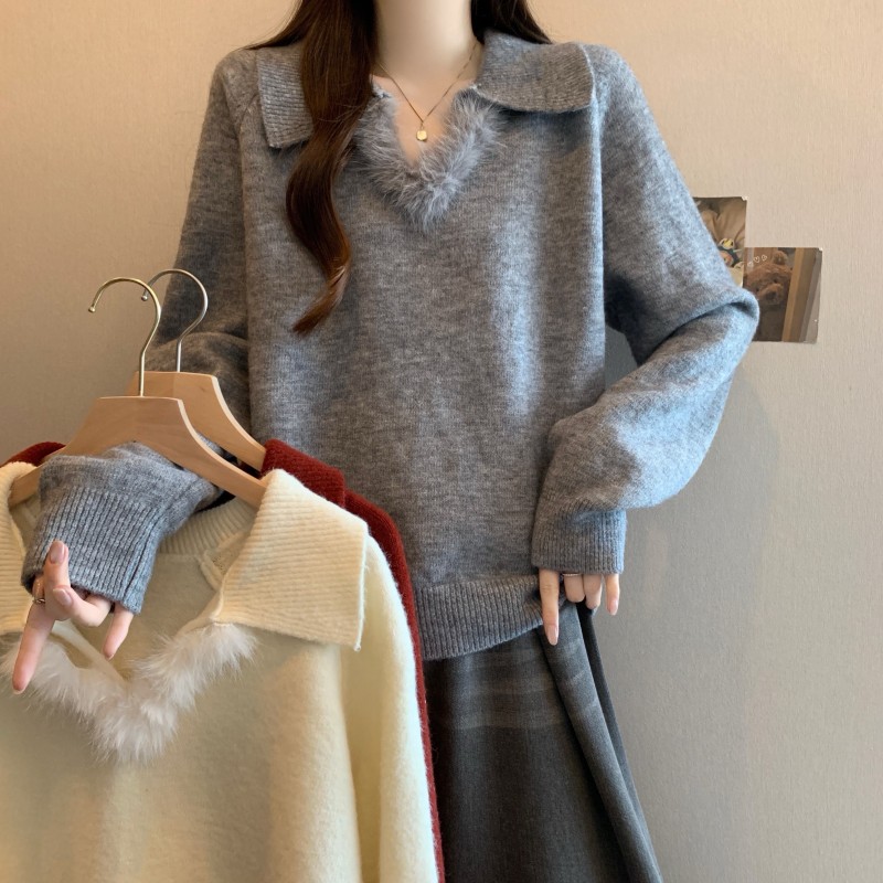 MY15759# 大码胖MM新款POLO水貂拼接剪刀领插肩袖套头上衣毛衣女...