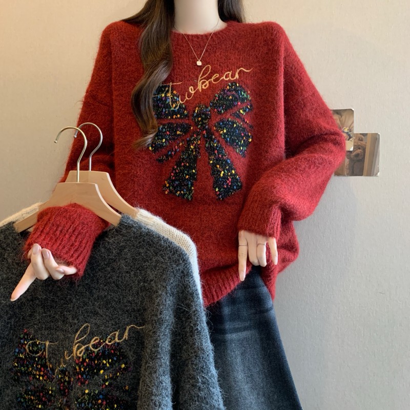 MY15762# 大码胖MM新款提花圣诞蝴蝶结字母绣花长袖套头毛衣女裝貨源服裝批發