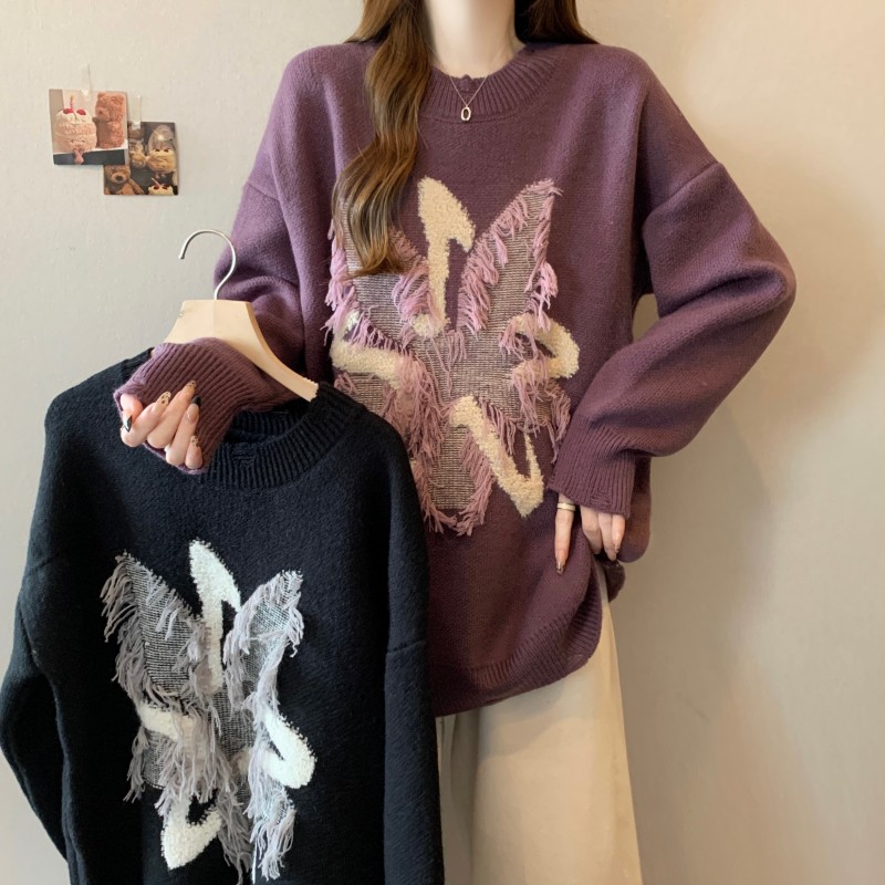 MY15761# 大码胖MM新款圆领落肩袖重工针织长袖套头韩版宽松毛衣女裝貨源服裝批發