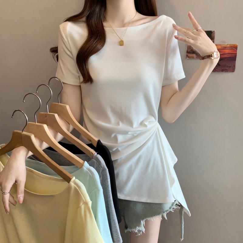 RY1305# 实拍~ 大码胖MM夏季新款百褶收腰斜下摆正肩短袖套头上衣T恤