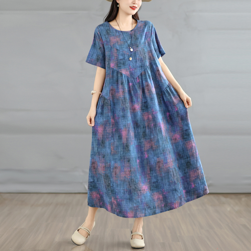 RY3272# 实拍2026夏季新款复古竹节麻圆领口袋短袖连衣裙女宽松显瘦A字裙