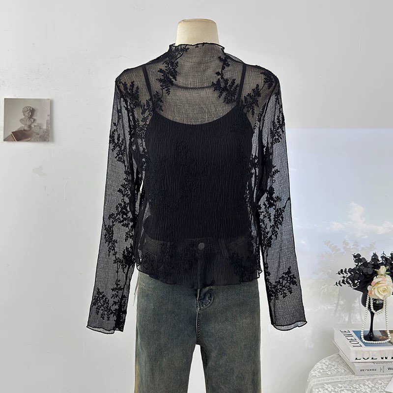韓系肌理感刺繡花朵半高領網紗T恤女夏2026洋氣減齡疊穿微透上衣