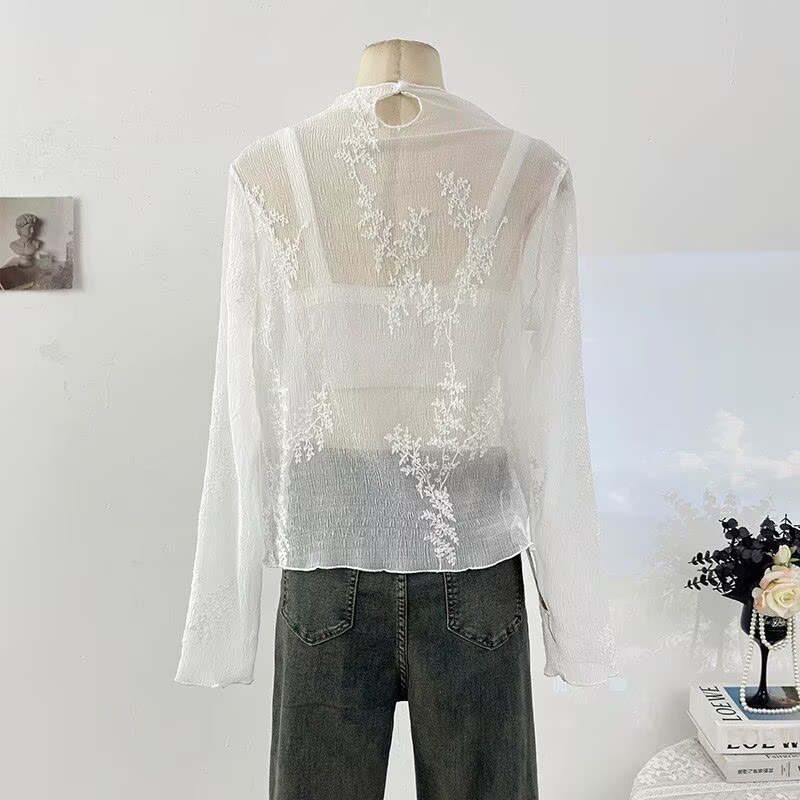 韓系肌理感刺繡花朵半高領網紗T恤女夏2026洋氣減齡疊穿微透上衣