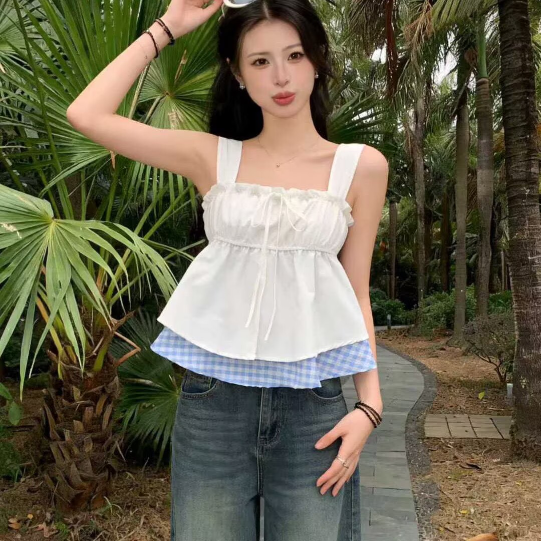 2026夏季芭蕾風荷葉邊收腰吊帶小衫純欲風溫柔休閑寬松無袖上衣