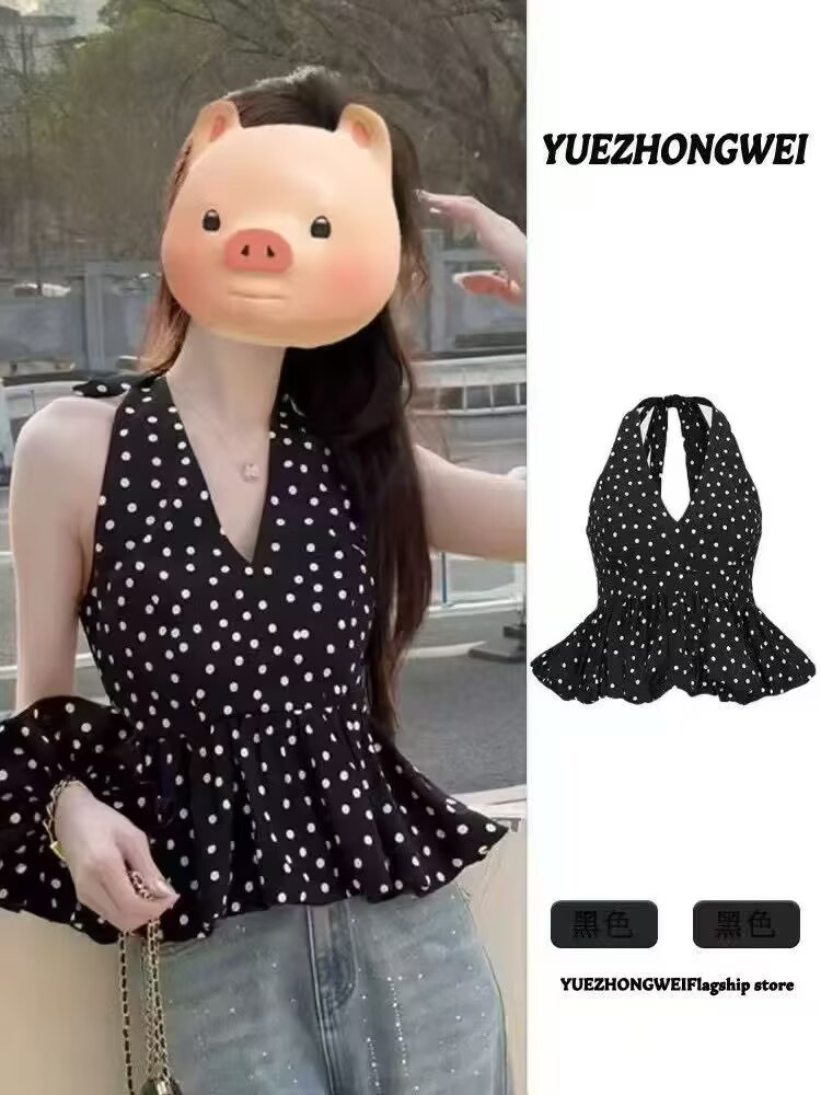 2026純欲V領掛脖黑色波點無袖背心女夏季外穿收腰露背小衫上衣