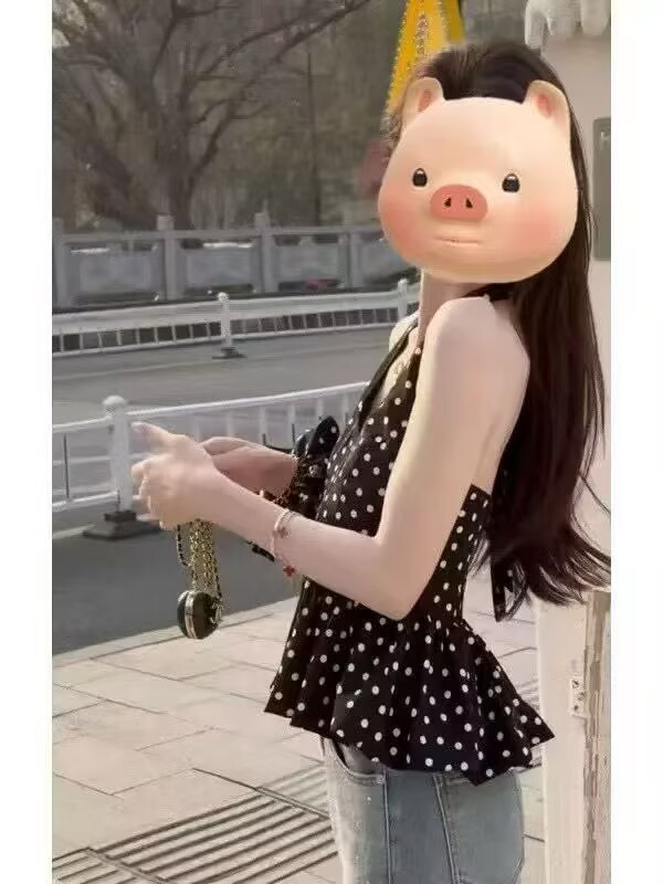 2026純欲V領掛脖黑色波點無袖背心女夏季外穿收腰露背小衫上衣