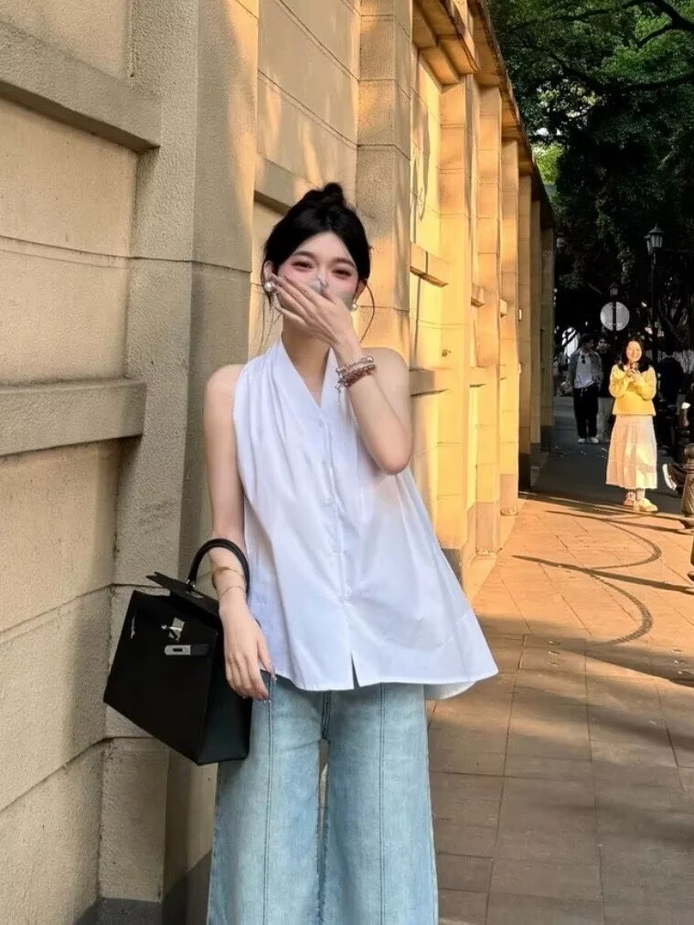 2026法式V領掛脖無袖娃娃衫女夏外穿高級感氣質露肩絕美背心上衣