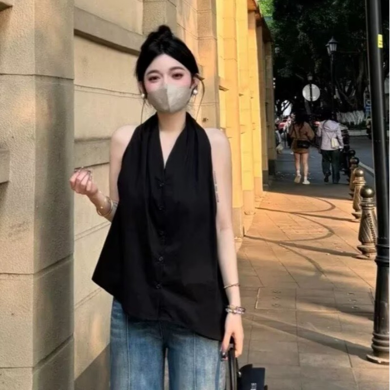 2026法式V領掛脖無袖娃娃衫女夏外穿高級感氣質露肩絕美背心上衣