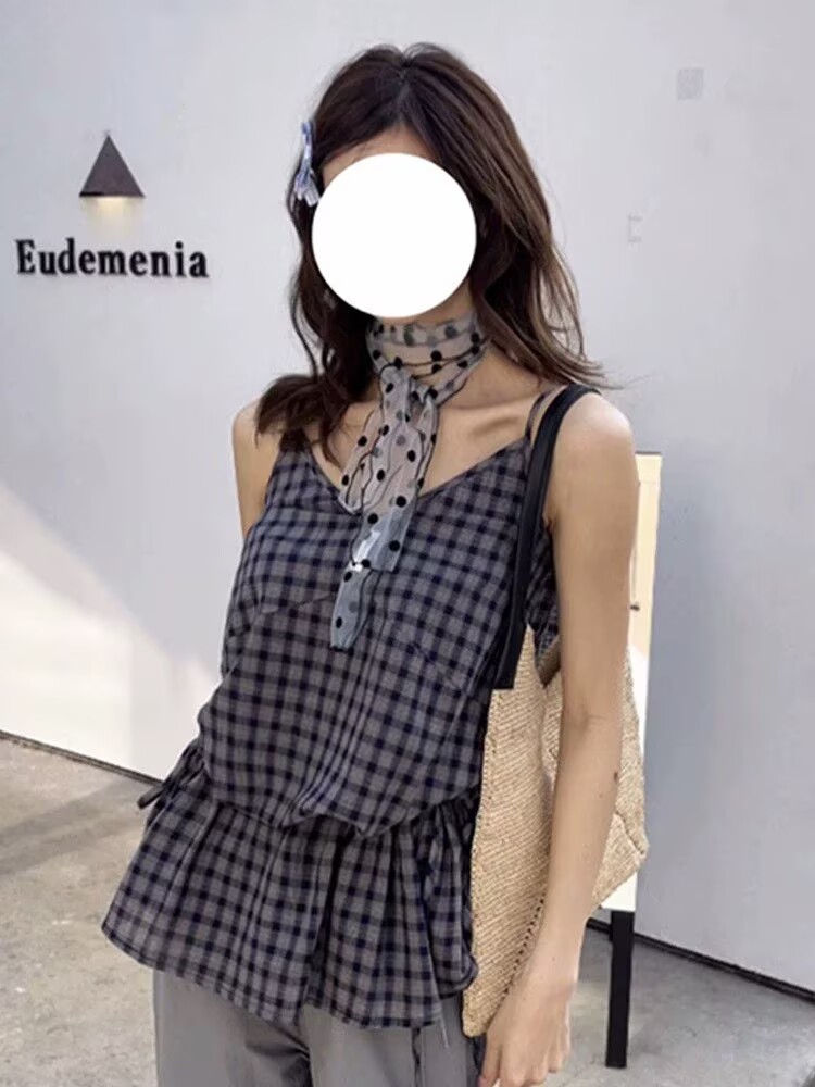 韓系甜美風綁帶收腰格子長款吊帶背心女夏2026新款小個子休閑上衣