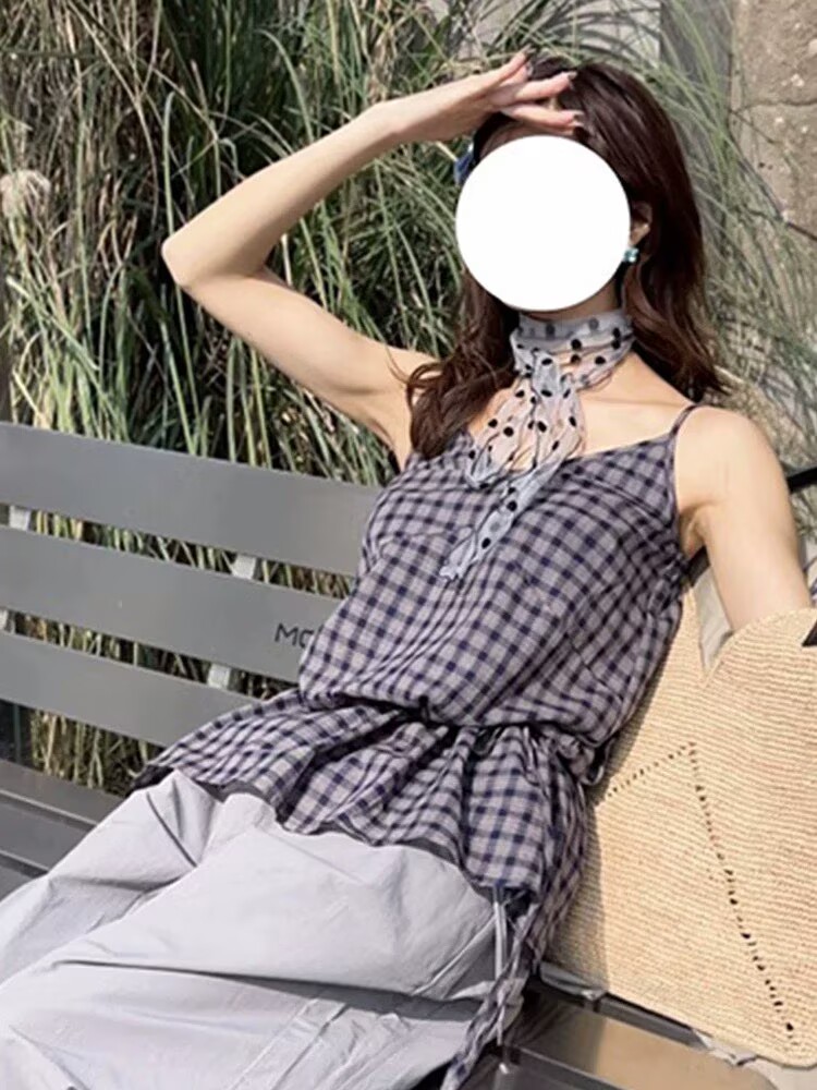 韓系甜美風綁帶收腰格子長款吊帶背心女夏2026新款小個子休閑上衣