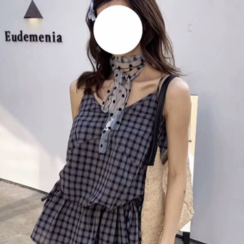 韓系甜美風綁帶收腰格子長款吊帶背心女夏2026新款小個子休閑上衣